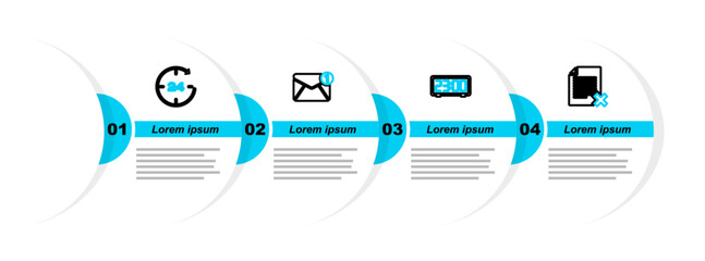 Poster - set line delete file document, digital alarm clock, new, email incoming message and clock 24 hours i