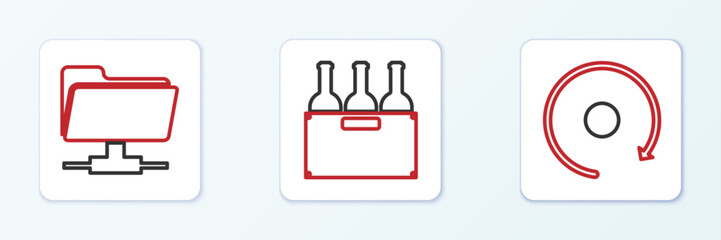 Poster - set line video play button, ftp folder and bottles of wine in box icon. vector