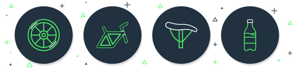 Poster - Set line Bicycle frame, seat, wheel and Sport bottle with water icon. Vector