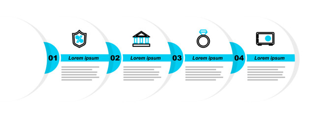 Poster - Set line Safe, Diamond engagement ring, Bank building and Loan percent icon. Vector