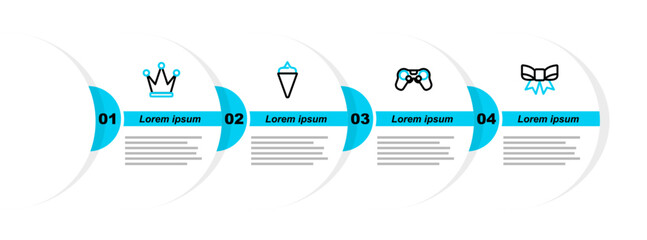 Poster - Set line Gift bow, Gamepad, Ice cream in waffle cone and Crown icon. Vector