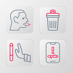Poster - set line no smoking, giving up cigarette, trash can and man coughing icon. vector