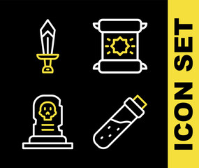 Poster - Set line Decree, parchment, scroll, Bottle with potion, Grave tombstone and Sword for game icon. Vector
