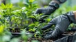 Gloved Hands of a Worker in a Greenhouse Cultivating Medicinal Marijuana Cannabis Bushes for Legal Commercial Cannabis Business
