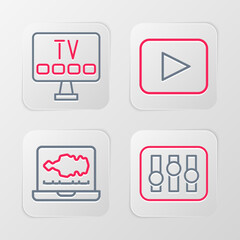 Poster - Set line Sound mixer controller, or audio recorder, Play button and Smart Tv icon. Vector