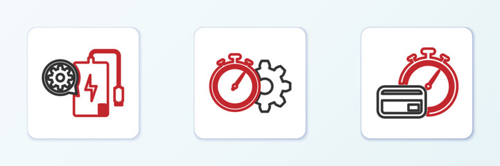 Poster - Set line Fast payments, Power bank setting and Time management icon. Vector