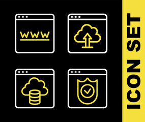 Poster - Set line Cloud upload, Browser with shield, technology data transfer and window icon. Vector