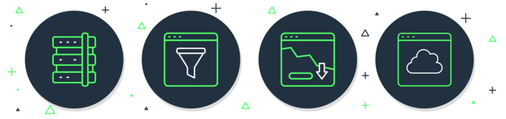 Poster - Set line Browser window, Financial growth decrease, Server and Cloud technology data transfer icon. Vector