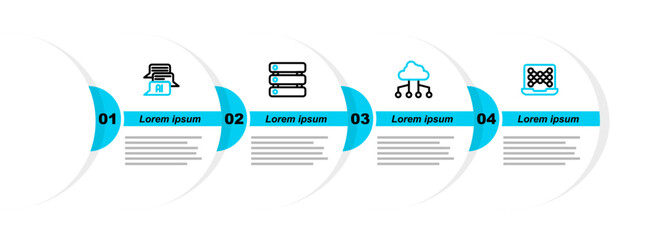 Sticker - Set line Neural network, Network cloud connection, Server, Data and Chat bot icon. Vector