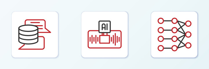 Poster - Set line Neural network, Server, Data and Artificial intelligence AI icon. Vector