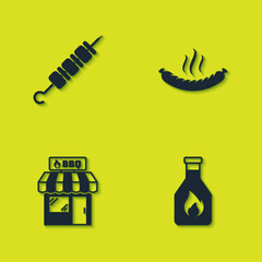 Wall Mural - Set Grilled shish kebab, Ketchup bottle, Barbecue shopping building and Sausage icon. Vector