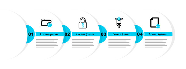 Poster - Set line Document and lock, Scooter, Lock and Folder icon. Vector