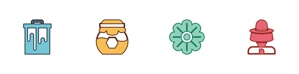 Sticker - Set Honeycomb, Jar of honey, Flower and Beekeeper with protect hat icon. Vector