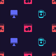 Poster - Set Cup of tea with tea bag, Computer monitor screen, Software and Browser shield on seamless pattern. Vector