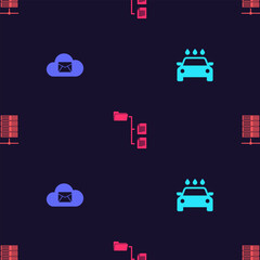 Poster - Set Car wash, Cloud mail server, Folder tree and Server, Data, Web Hosting on seamless pattern. Vector