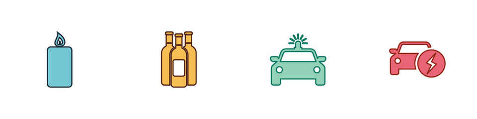 Sticker - Set Burning candle, Bottles of wine, Police car flasher and Electric icon. Vector