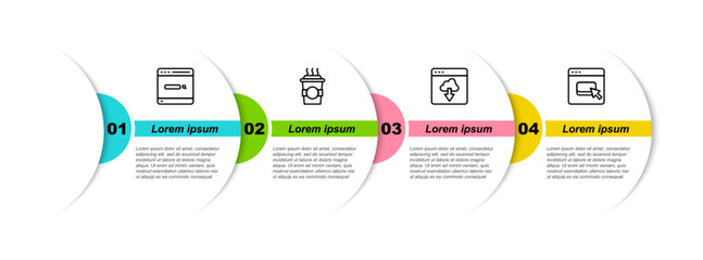 Poster - Set line Search engine, Coffee cup to go, Cloud technology data transfer and Browser files. Business infographic template. Vector