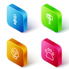 Poster - Set Isometric line Sword for game, Medieval axe, Skull and Bear paw footprint icon. Vector