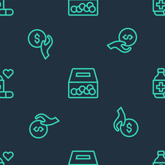Poster - set line donation and charity, and medicine bottle pills on seamless pattern. vector