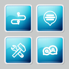 Wall Mural - Set line Route location, Speech bubble chat, Crossed hammer and wrench and Question Answer icon. Vector