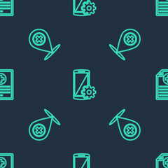 Poster - set line setting on smartphone, medical location with cross and clinical record on seamless pattern.