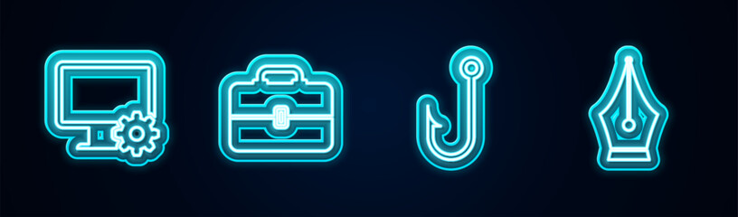 Poster - Set line Computer monitor and gear, Toolbox, Fishing hook and Fountain pen nib. Glowing neon icon. Vector