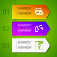 Poster - Set line Setting database server, Water tap, Floppy disk the 5.25-inch and Cloud sync refresh. Business infographic template. Vector
