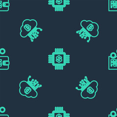 Poster - Set line Processor chip with dollar, Cryptocurrency cloud mining and Proof of stake on seamless pattern. Vector