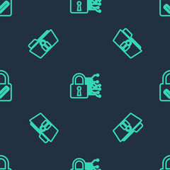 Poster - Set line Cyber security, Folder and lock and Lock check mark on seamless pattern. Vector