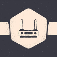 Poster - Grunge Router and wi-fi signal icon isolated on grey background. Wireless ethernet modem router. Computer technology internet. Monochrome vintage drawing. Vector