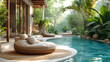 Swimming pool with sunbeds and pillows in tropical garden