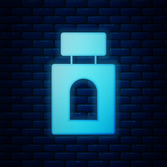 Canvas Print - Glowing neon Aftershave icon isolated on brick wall background. Cologne spray icon. Male perfume bottle. Vector