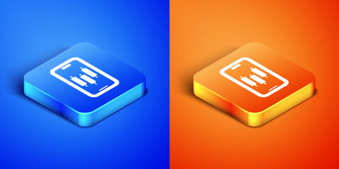 Sticker - Isometric Mobile stock trading concept icon isolated on blue and orange background. Online trading, stock market analysis, business and investment. Square button. Vector