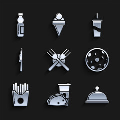 Sticker - Set Crossed fork, Paper glass and taco with tortilla, Covered tray of food, Pizza, Potatoes french fries in carton package box, Knife, drinking straw water and Bottle icon. Vector