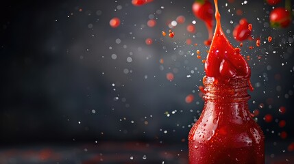 Wall Mural - Ketchup or tomato sauce falling from bottle over dark background