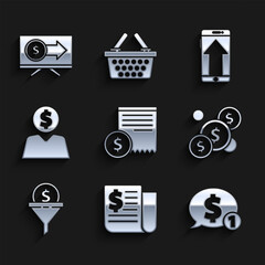 Poster - Set Paper check and financial check, Financial news, Speech bubble with dollar, Coin money, Lead management, Business planning mind, Smartphone, mobile phone and Monitor icon. Vector