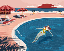 Woman Floating In Hotel Resort Swimming Pool