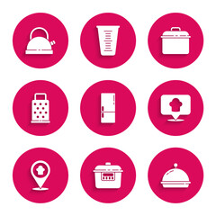 Sticker - Set Refrigerator, Slow cooker, Covered with tray of food, Chef hat location, Grater, Cooking pot and Kettle handle icon. Vector