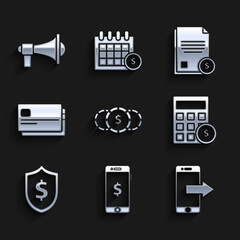 Poster - Set Coin money with dollar symbol, Smartphone, Smartphone, mobile, Calculator, Shield, Credit card, Finance document and Megaphone icon. Vector