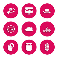 Sticker - Set Taco with tortilla, Shield stars, Hotdog sandwich, City landscape, USA Head, Vote, Western cowboy hat and Independence day icon. Vector