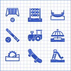 Poster - Set Toy train, Skateboard trick, Kid slide, Attraction carousel, Ferris wheel, Baseball bat with ball, Boat swing and Soccer goal icon. Vector