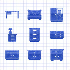 Wall Mural - Set Furniture nightstand, Chest of drawers, with lamp, Wardrobe and Office desk icon. Vector