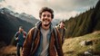 A happy smiling handsome young man with a backpack on a hike with friends in the mountains. Hiking, Active tourism, Nature, Summer, Travel, Lifestyle concepts. The horizontal photo.