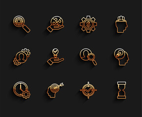 Sticker - Set line Time Management, Head hunting concept, Magnifying glass and gear, Target check mark, Old hourglass with flowing sand, Light bulb hand, Human head lamp and for search people icon. Vector