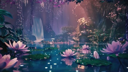 A magical night landscape with a cosmic mushroom glowing, crytal and sparkle, fantasy, evening beautiful nature backdrop like a panorama.