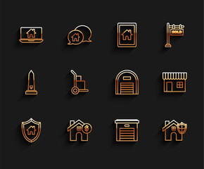 Sticker - Set line House with shield, dollar symbol, Laptop and smart home, Garage, Hand truck boxes, Shopping building or market store and Warehouse icon. Vector