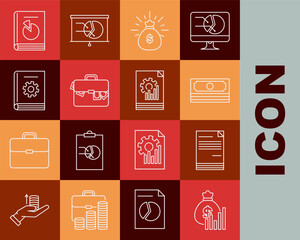 Poster - Set line Money bag and diagram graph, Document, Stacks paper money cash, Briefcase, User manual, and with chart icon. Vector