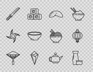 Wall Mural - Set line Japanese umbrella from the sun, Traditional tea ceremony, Chinese fortune cookie, Temaki roll, katana, Bowl of hot soup, and paper lantern icon. Vector