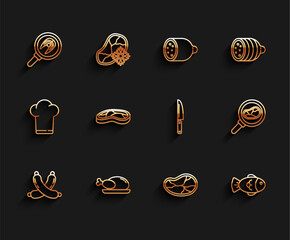 Sticker - Set line Crossed sausage, Roasted turkey or chicken, Fish steak in frying pan, Steak meat, and Knife icon. Vector