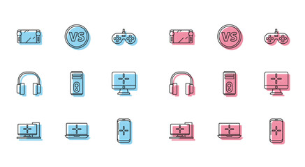 Poster - Set line Computer monitor, Laptop, Portable video game console, Smartphone and playing in, Headphones and VS Versus battle icon. Vector
